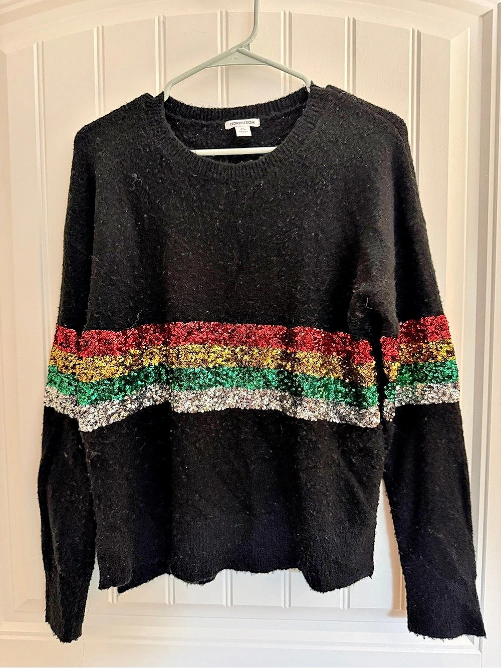Modern holiday! Nordstrom Sequin Rainbow Stripe Sweater Size XL